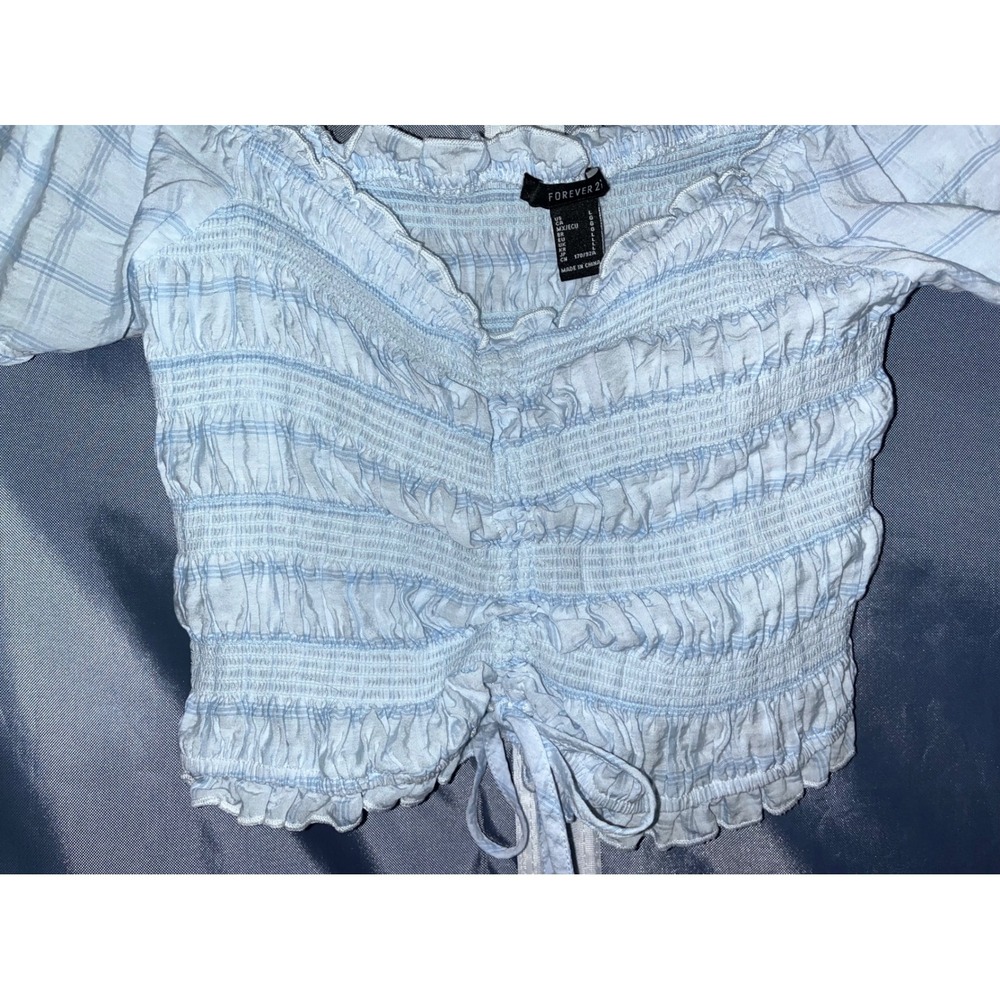 Forever 21 Blue Plaid Smocked Crop Top Puff Sleeve Drawstring Women's Size Large - Picture 2 of 7